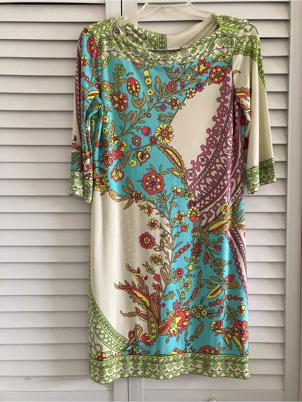 Floral Paisley Shift Dress in Cream, Turquoise & Pink